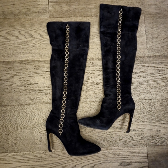 Via Spiga Black Suede Over the Knee Boots with Gold Chain Detail US 10 - Picture 3 of 13